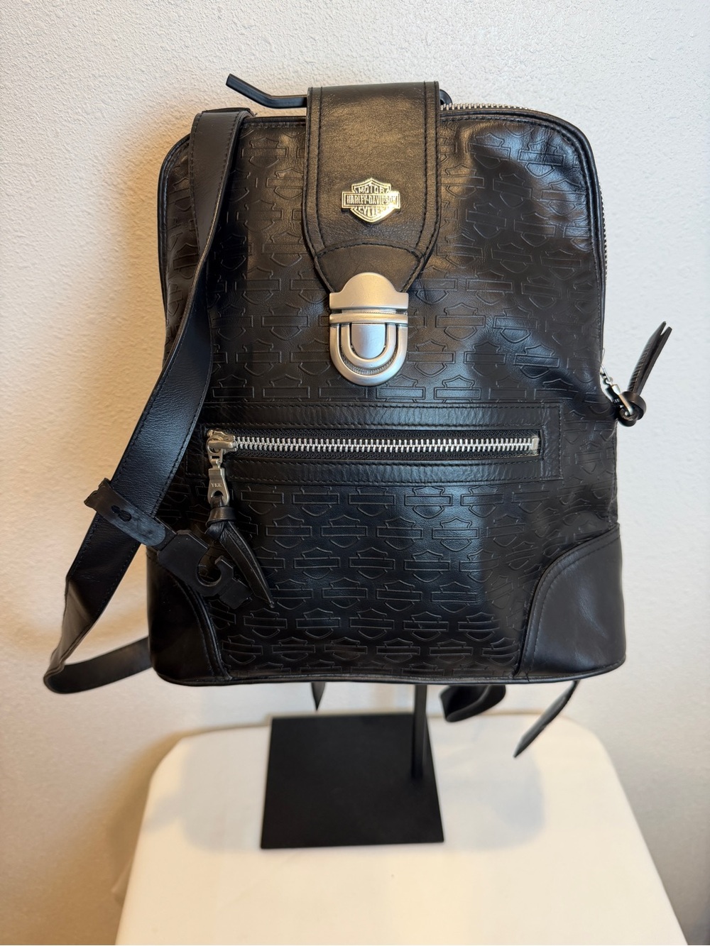 Harley-Davidson Black Embossed Leather Sling Backpack